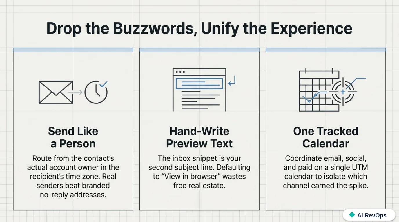 Drop the buzzwords, unify the experience: three panels — send like a person (route from the contact's account owner in their time zone), hand-write preview text instead of a default 'view in browser' line, and coordinate email, social, and paid on one tracked UTM calendar